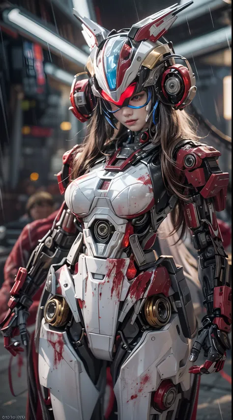 1girll, full bodyesbian, Solo, Large breasts, Cyberpunk, Outdoors, 废墟, Cityscape, red color eyes, Very long hair, mecha musume, mechanicalparts, robotjoints, Android, White mechanical body, standing, Cowboy shot, sad expression, A mechanical halo on the he...