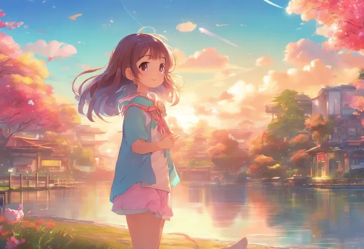 1 girl, eye, close up, Beautiful night sky, meteor shower, Beyond the Clouds, Enclosed water, Reflectors, Wide Angels, Breathtaking clouds, Wide Angle, by makoto shinkai, tomas kinkade, by james gilleard, by Holosomnia Landscape, nffsw, Volumetric lighting...