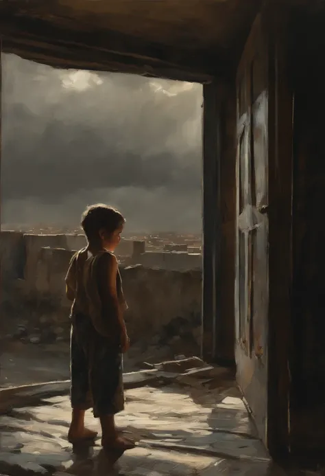 An impressive scene of a small Palestinian child in tears in the Gaza Strip, looking at the rain from the bombed street of a house dressed in rags, Relief, Oil Painting, Thin and smooth lines, Long stroke, Light and delicate shades, Contour sharpening. + 3...