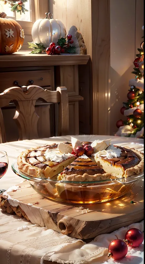 Extreme close-up，Clear，tmasterpiece，Christmas table，It stores delicious food，red wine，grilled chicken，Pumpkin pie，gingerbread，Bright natural light，Surrounded by several beautiful gift boxes，liveroom，C4D，Empty product display scene，Positive perspective，firs...