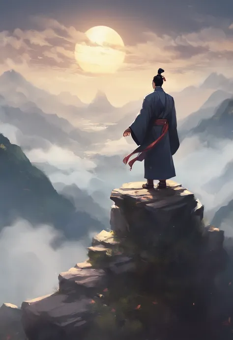 Hanfu man standing on the top of the mountain，Back，Spread your arms，Raise your head to heaven and earth