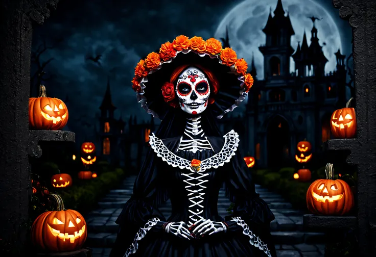 (best quality, 4k, 8k, high resolution, masterpiece: 1.2), ultra detailed, (realistic, photorealistic, photorealistic: 1.37),(An image of a creepy catrina in the foreground:1.42), Halloween scene with a castle and pumpkins. The castle is in the background ...