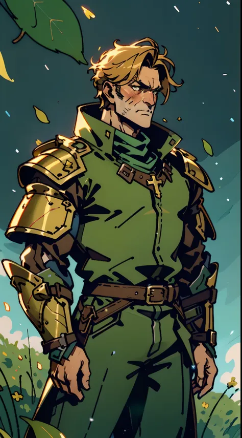 A middle-aged man with short golden hair, thick hair, a large cross scar on his face, has gentle eyes, a calm expression, a fantasy-style coat with leaf-shaped chest armor, the color scheme is mainly grass green, with earthy yellow as secondary colors, a b...