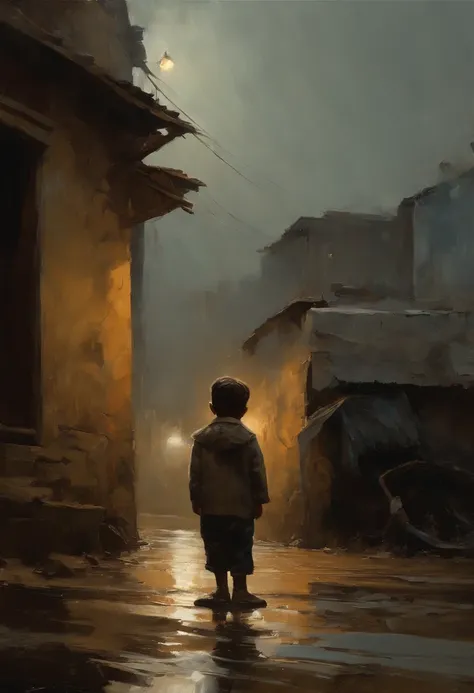 An impressive scene of a small Palestinian child in tears in the Gaza Strip, looking at the rain from the bombed street of a house dressed in rags, Relief, Oil Painting, Thin and smooth lines, Long stroke, Light and delicate shades, Contour sharpening. + 3...