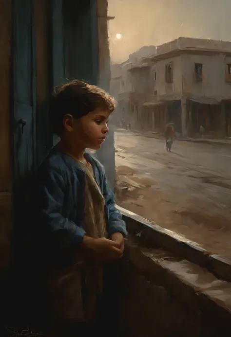 An impressive scene of a small Palestinian child in tears in the Gaza Strip, looking at the rain from the bombed street of a house dressed in rags, Relief, Oil Painting, Thin and smooth lines, Long stroke, Light and delicate shades, Contour sharpening. + 3...