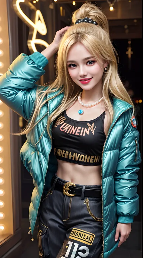 8K, Best Quality, Masterpiece: 1.2) , Super Detail, 1 Girl, party vibe, party atmosphere, lively party atmosphere, beautiful smile, Small Tits, Small Beautiful Detail Eyes , Night, girl wearing W-peyton Puffer Jacket, wearing Cargo Pants, wearing Logo-buck...