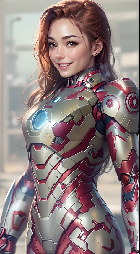 (Girl Iron Man),Anti-Hulk armor，long whitr hair，((Confident and charming smile on his face)),Realistic metal armor,Shiny metallic armor(Best quality,4K,8K,A high resolution,Masterpiece:1.2),Ultra-detailed,(Realistic,Photorealistic,photo-realistic:1.37),