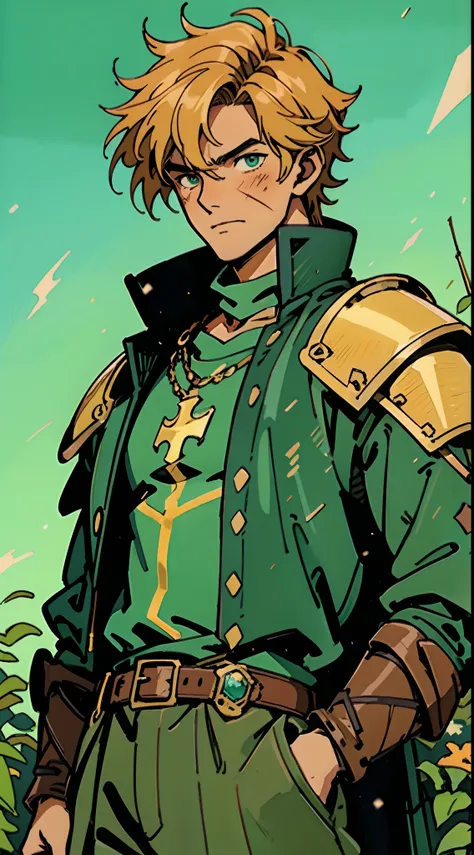 A middle-aged man with short golden hair, thick hair, a large cross scar on his face, has gentle eyes, a calm expression, a fantasy-style coat with leaf-shaped chest armor, the color scheme is mainly grass green, with earthy yellow as secondary colors, a b...