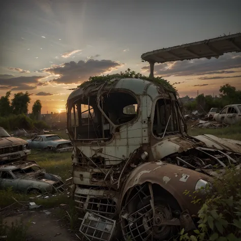 (best quality, HDR, ultra-detailed, realistic:1.37), post-apocalyptic, 3D abandoned city, destroyed buildings, plane crashed, car graveyard, abandoned cars, vegetation next to buildings, abandoned vehicles strewn and stacked, sunset.