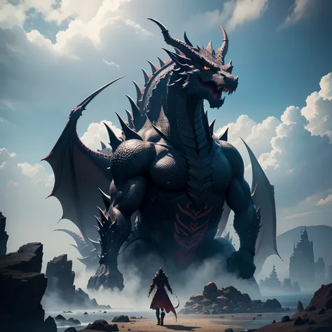 Giant dragon，Black Dragon，The dragon，myth，​masterpiece，The Monster，超A high resolution，Fantasy world，in isekai，８K，fiction，