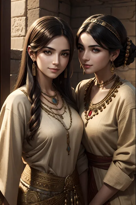 high quality, ultra-realistic, closeup portrait of two Beautiful women of ancient Mesopotamia, leering:1.4,dynamic pose,ancient Mesopotamian civilization, Babylonia, Uruk, tunics of various lengths, linen garments, agate necklaces,tanslucent paisley clothi...