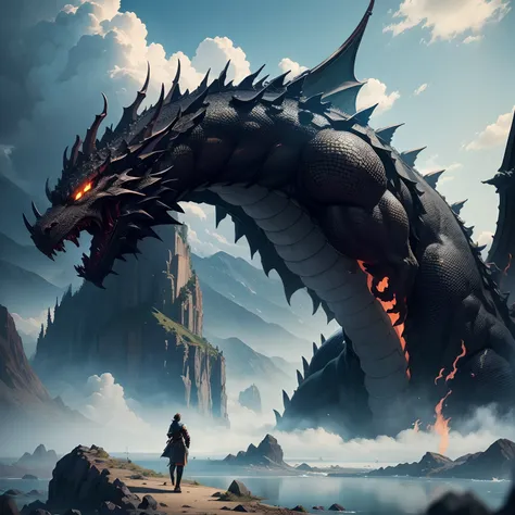 Giant dragon，Black Dragon，The dragon，myth，​masterpiece，The Monster，超A high resolution，Fantasy world，in isekai，８K，fiction，