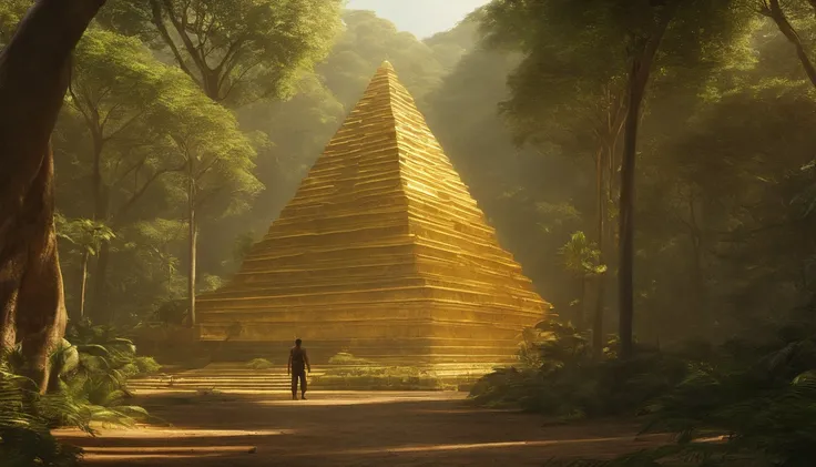 golden, Dense forest trees々The Lost City Visible Between, Closed forest tree shining in sunshine々A large gold pyramid seen from a distance from between, photos realistic, A man with a machete watches over the city、Continue to cut through the forest for the...