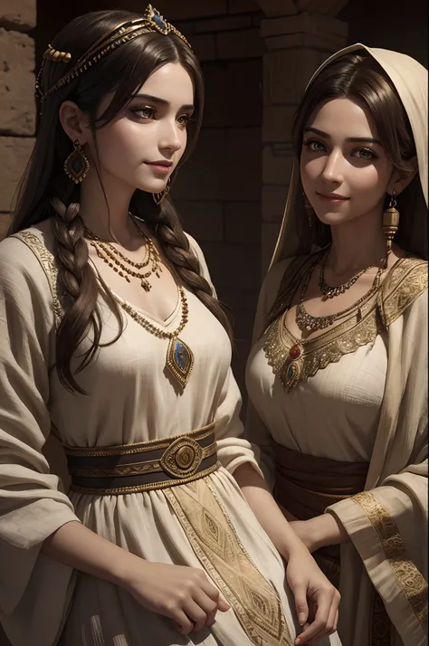 high quality, ultra-realistic, closeup portrait of two Beautiful women of ancient Mesopotamia, leering:1.4,dynamic pose,ancient Mesopotamian civilization, Babylonia, Uruk, tunics of various lengths, linen garments, agate necklaces,translucent paisley cloth...