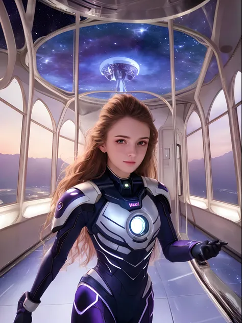 Realistic, photorealistic, RAW photo, ultra detailed, beautiful 19 years old woman, Woman in deep purple uniform, captain, looking to camera, little smile, hi-tech interior, glass and white plastic interior, future world, sci-fi aesthetic, spaceport, space...