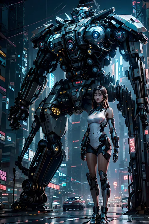 Buddha, Meditate in the heart of the metropolis, Cyberpunk city, Cyberpunk meditation  （（tmasterpiece，best qualtiy）），Large mechanical robot structure，1girll （Clear facial features）Standing in front of the audience，ultraclear