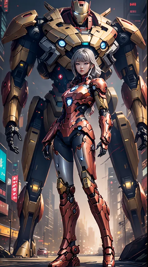 Boutique,best quality,Gold jewelry,(slip out feet),Fairy skin,(Fidelity :1.2),Standing,Super Detailed,realistic,High quality,Movie Light,Ray tracking,Ultra HD,Upper body wears a futuristic Iron Man mech，Girl with red and gold color（Silvery hair）Stand next ...