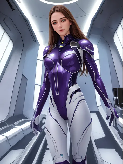 Realistic, photorealistic, RAW photo, ultra detailed, beautiful 19 years old woman, Woman in deep purple uniform, captain, looking to camera, little smile, hi-tech interior, glass and white plastic interior, future world, sci-fi aesthetic, spaceport, space...