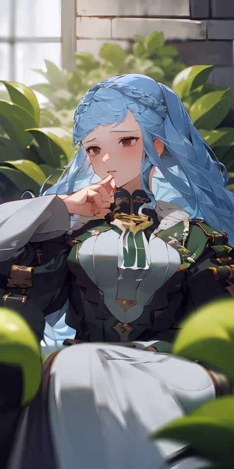 (masterpiece, best quality),1girl with long white hair sitting in a field of green plants and flowers, her hand under her chin, ...