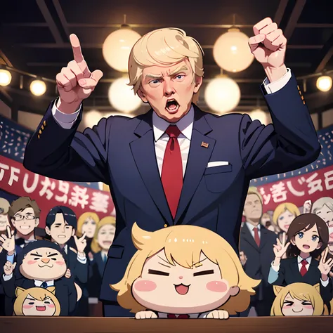 Donald Trump as senpai guy, during an official audience senpai Dunald Trump, kawaii, fine texture, incredibly lifelike, cute, little bit angry.