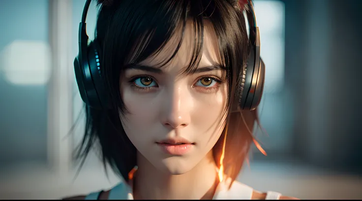 (best quality,8k,realistic,extreme detail description:1.2),Portrait,Anime girl,cat ear headphones,flaming white eyes,black hair,soft lighting,realistic octane render