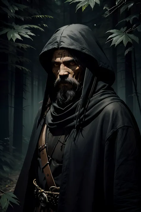 in the dark thicket of the forest stands  man. the man is dressed in black rags, the man's head and face is covered with an anim...