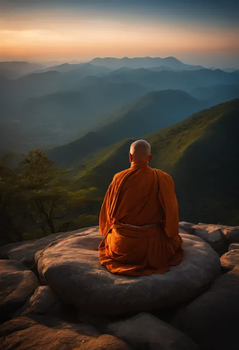 The former monk meditates on the top of the mountain,,Sunrise behind the monk, Ultra photo realsisim