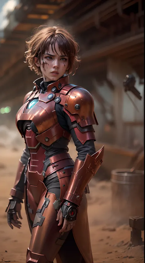 steampunc,Copper and brass materials,Jedi Girl Iron Man MK2 type armor，(short detailed hair),In fantasy scenarios。(brutal,violence:1.1),(Splashing blood),(battle scars),(arma:1.1),(Armour:1.1).(Intense,battle:1.1),(dust cloud).(Best quality,4K,8K,A high re...