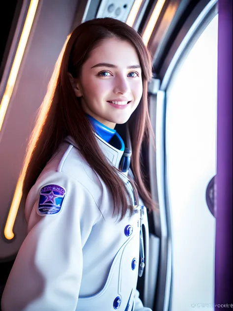 Realistic, photorealistic, RAW photo, ultra detailed, beautiful 19 years old woman, Woman in deep purple uniform, space ships captain, looking to camera, little smile, hi-tech interior, glass and white plastic interior, future world, sci-fi aesthetic, spac...