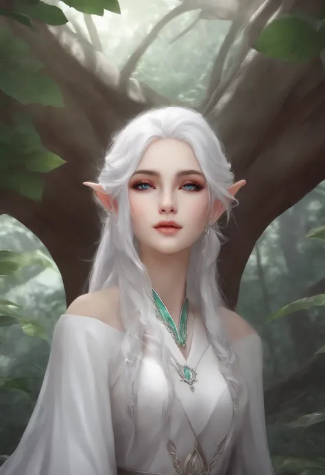 white hair elf anime style