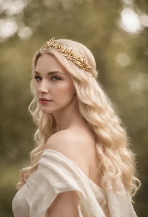 1 greek goddess, blonde, long wavy hair, aphrodite, venus, league of legends style, half body, masterpiece, high quality