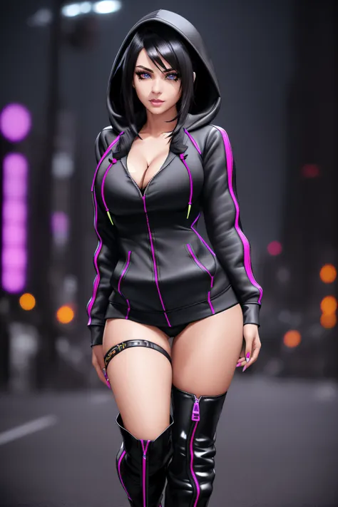 beautiful girl, ((standing:1.4)), (confident gaze:1.1), full body, short bright neon streaked black hair, ((realistic highly detailed eyes:1.4)), ((seductive pose:1.2)), black eyeshadow, (street style wear:1.2), ((hoodie open zip:1.4)), ((cleavage:1.4)),((...