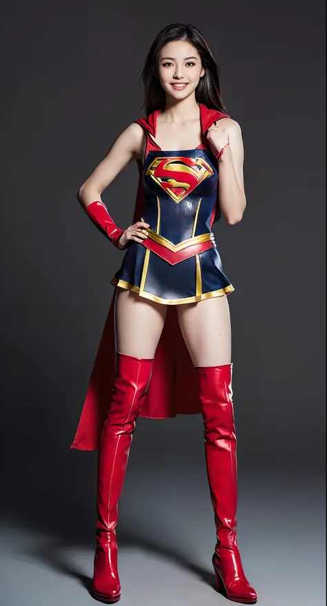 Asian Beautiful Girl、Bloody、Bleeding、Bloodbath and suffering、Done、defeated、Defeated by enemies、(((Wear black tights on your beautiful legs.)))、(((beauty legs)))、(((facial expression of smile)))、((((Make the most of the original image)))、(((Supergirl Costum...