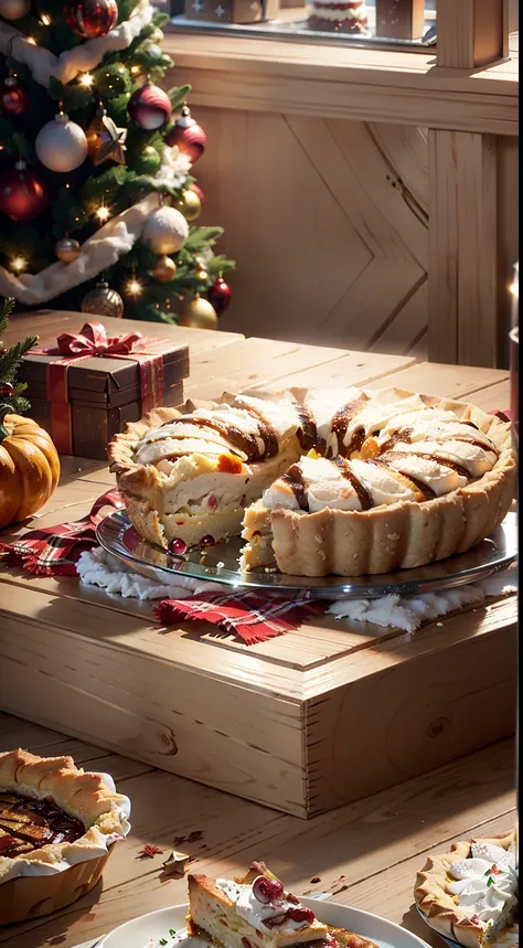 extreme close-up，clear，tmasterpiece，christmas table，it stores delicious food，red wine，grilled chicken，pumpkin pie，gingerbread，br...