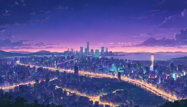 Night view of the city overlooking the purple sky