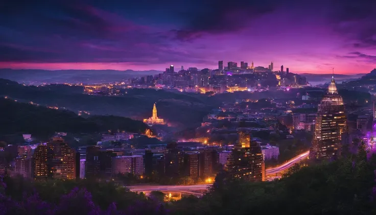 A city overlooking a purple sky