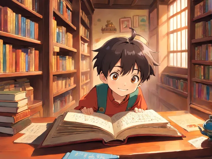 In the study，A bright and curious little boy，With a smile，The eyes reveal curiosity and longing for the mysterious song festival。Holding an ancient book in his hand，The large bookshelves around are lined with old books，The air smells of dust and history。