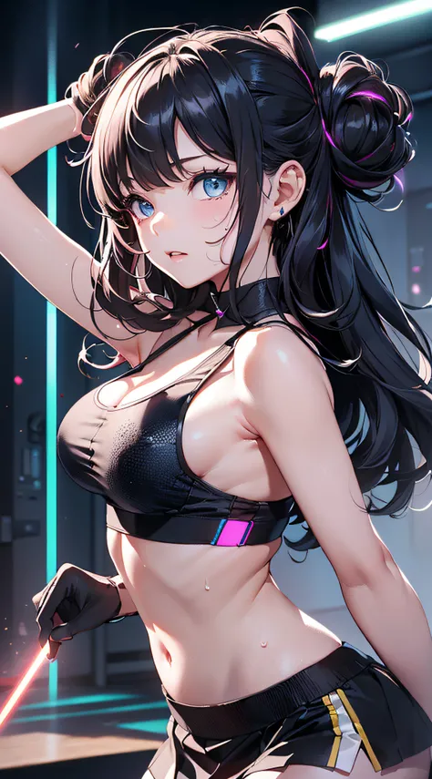 top-quality、Top image quality、​masterpiece、girl with((cute little、18year old、Best Bust、Medium bust、Bust 85,Beautiful blue eyes、Breasts wide open,Long Black Hair、A slender、Middle knot、Black Sports Bra、White short skirt,Reflecting the whole body、Black perfor...