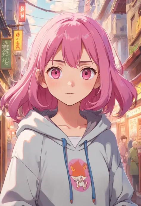 A pink-haired、Wearing a hoodie