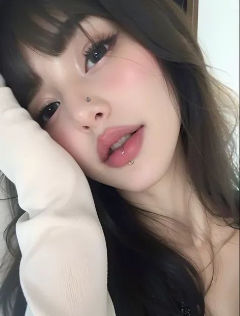 um close up de uma mulher com um penetrante no nariz, small lips pointy nose, penetrante no nariz, Ulzzang, penetrante, piercing stare, penetrantes faciais, cruel korean goth girl, penetrante septal, large round nose closed lips, Piercings faciais, very sm...