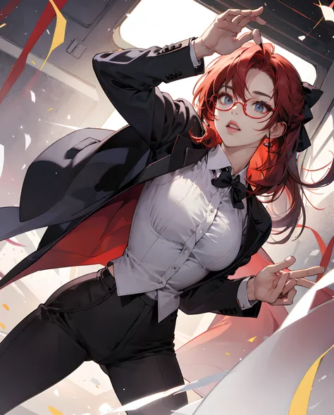 Red hair,fancy suit,anime girl,eye glases