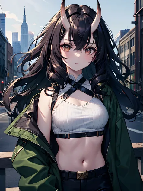 (masterpiece,best quality,ultra-detailed),1girl,dark black hair,curly hair, messy hairstyle, mane,oni horns,pale skin,dark green jacket,militar jacket,open jacket,black crop top, small chest,(grey theme),city in the background