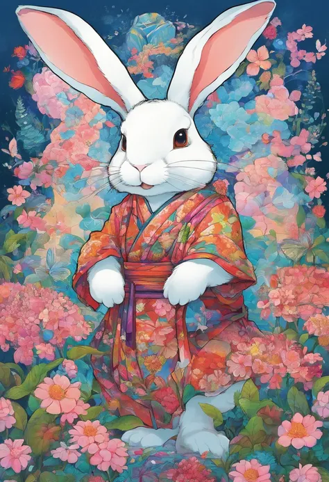 Beautiful rabbit，anthropomorphic turtle，Stand among the flowers