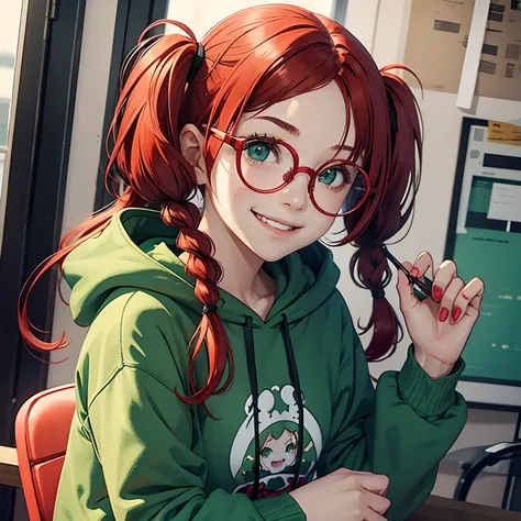 1girl, red hair, green eyes, pigtails, round glasses, hoodie, smiling