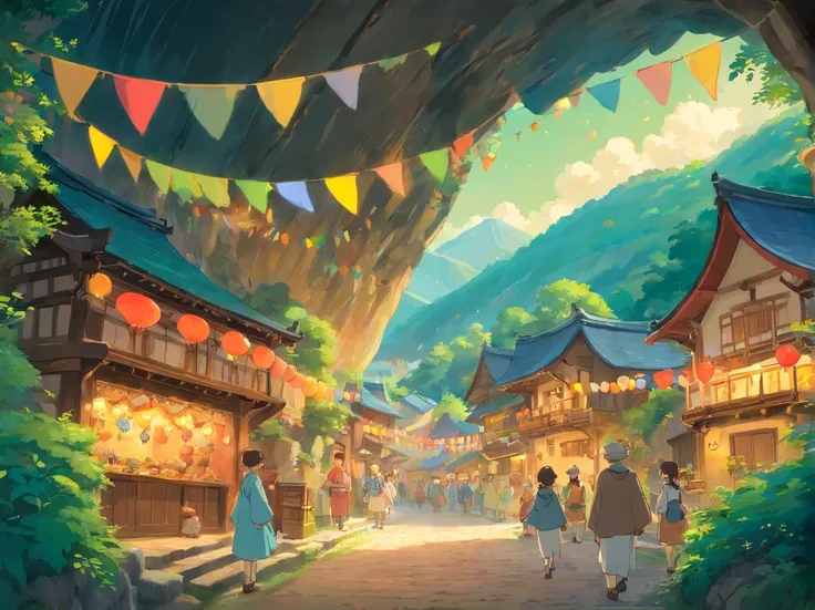 The scene of the Song Festival。The whole village is dressed up，Colorful bunting flutters in the air，The villagers are dressed in full costume，With a smile of joy and anticipation，Come together。In the middle of the village stands a mysterious cave，The light...