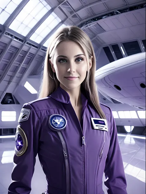 Realistic, photorealistic, RAW photo, ultra detailed, beautiful 20 years old woman, full length portrait, Woman in deep purple uniform, space ships captain, looking to camera, little smile, hi-tech interior, glass and plastic interior, future world, sci-fi...