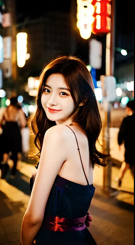 NSFW, NSFW :2.0, fully body photo:1.7、japanaese girl, night photo、Photo of two beautiful Japan women at the age of 24、brown haired、de pele branca、motion-blur、rembrant colorful theme、barechested、A smile