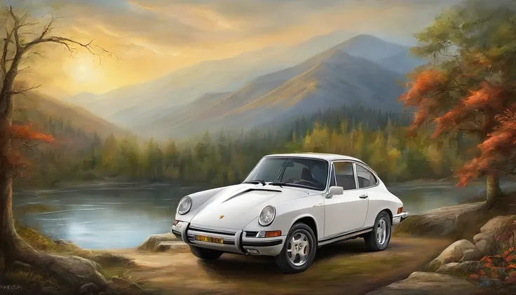 Best quality, painting of a (White Porsche Cayenne), and Blueridge mountain scene with a river and trees, car centered Masterpiece, 超高分辨率, (photograph realistic:1.4), surrealism, Dream-like,fusionart, Shadowdancer, shadow magic，Dilapidated castle in the ba...