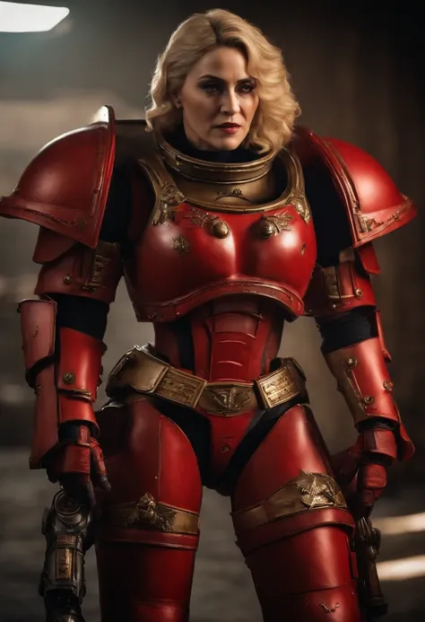 Singer Madonna as Highly realistic Marine Astartes, In your power armor armor color： red colour, ultra-realistic realism, Best quality, warhammer40k