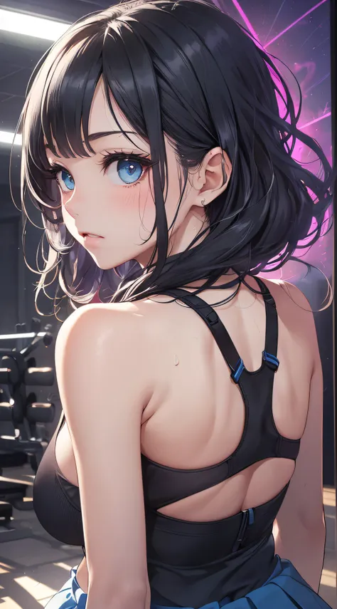 top-quality、Top image quality、​masterpiece、girl with((cute little、18year old、Best Bust、Medium bust、Bust 85,Beautiful blue eyes、Breasts wide open,Long Black Hair、A slender、Middle knot、Black Sports Bra、White short skirt,Reflecting the whole body、Black perfor...